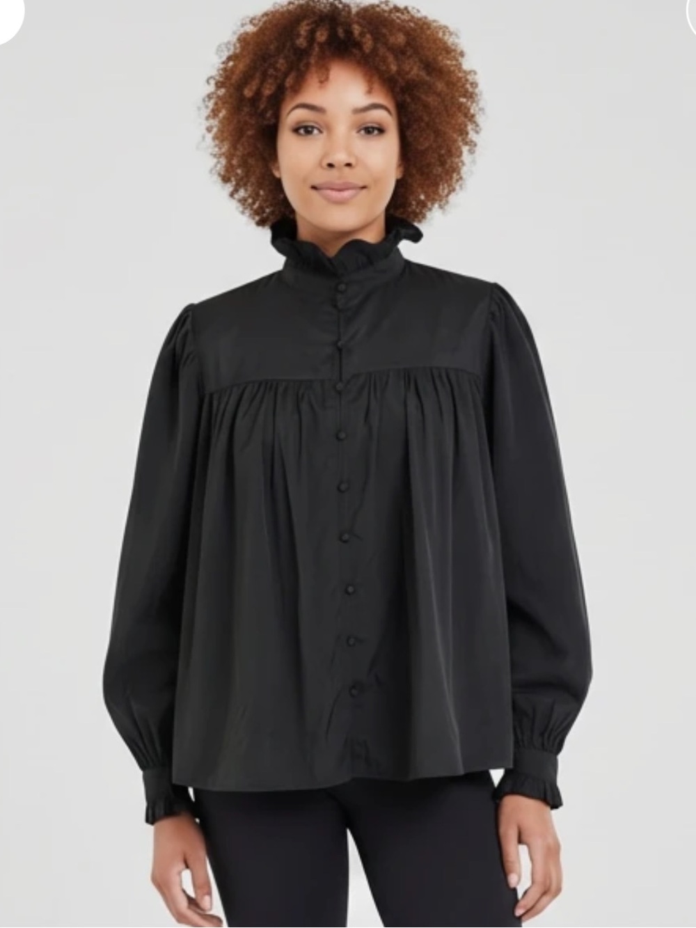 H&M Black Ruffled High-Neck Button Down Blouse